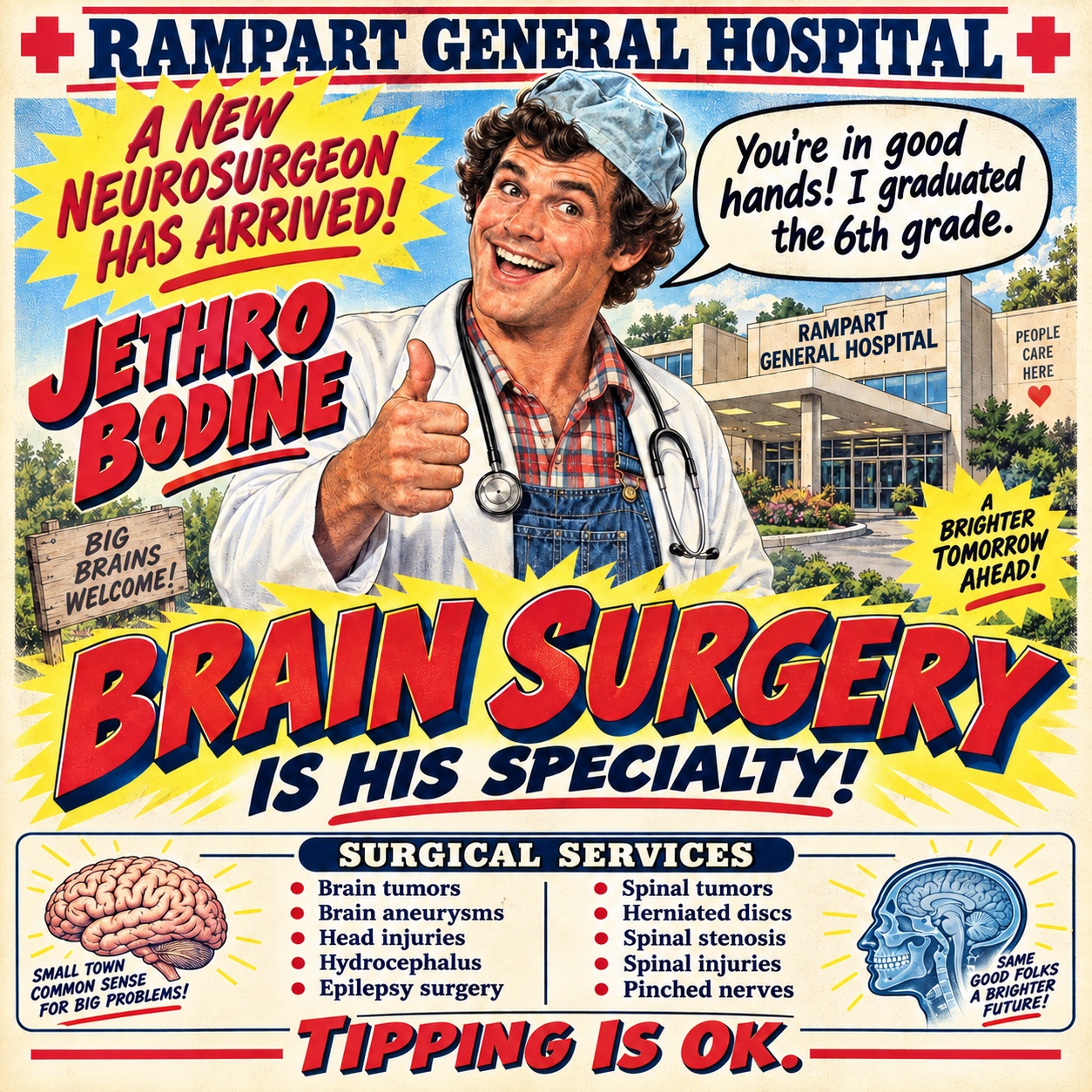 Colorful retro parody advertisement for Jethro Bodine as a neurosurgeon at Rampart General Hospital.